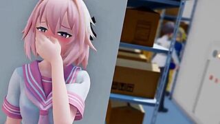 Astolfo's small tits bounce as he cums from monster cock oral in crossdressing