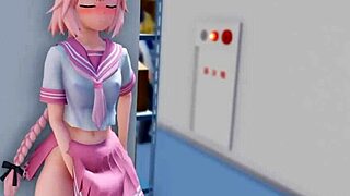Astolfo's small tits bounce as he cums from monster cock oral in crossdressing
