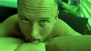 Female pov of blue-eyed white guy experiencing orgasm