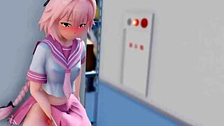 Astolfo's small tits bounce as he cums from monster cock oral in crossdressing