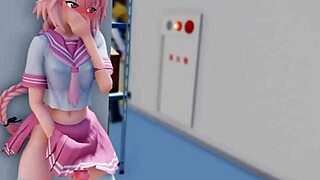 Astolfo's small tits bounce as he cums from monster cock oral in crossdressing