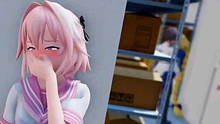 Astolfo's small tits bounce as he cums from monster cock oral in crossdressing