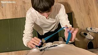 Skinny Brunette Girl Kneels for Blowjob, Gets Facial