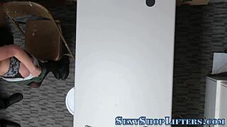 the teenage shoplifter gets caught and rides in the shop with small tits and ass