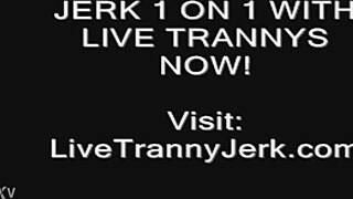 Shemale on webcam cums on legs and feet in a contrasting transsexual display