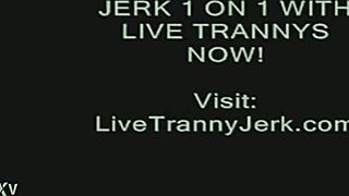 Shemale on webcam cums on legs and feet in a contrasting transsexual display