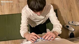 Skinny Brunette Girl Kneels for Blowjob, Gets Facial