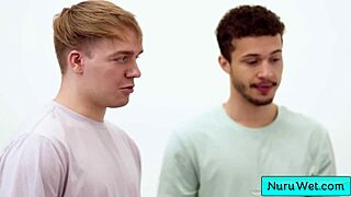 Hot bbw masseuse seduces two clients with huge tits rubbing