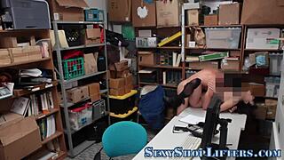 the teenage shoplifter gets caught and rides in the shop with small tits and ass