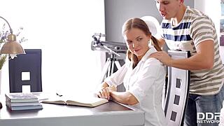 Russian teen bends over desk for behind bang