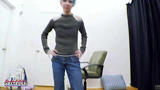 Petite blonde coed raven fingers her shaved pussy before bending over for pov jizz on cock