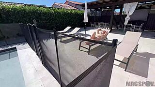 Petite blonde neighbor krissy knight gets fucked outside by the pool