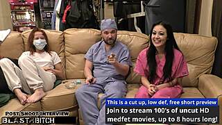 behind the scenes, brunette nurse blaise celeste gets her mouth blasted with huge cum load