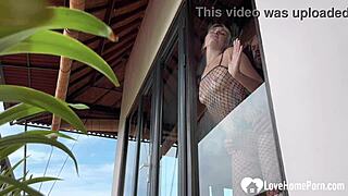 standing doggy and a blowjob in the morning, skinny girl in lingerie with tattoos