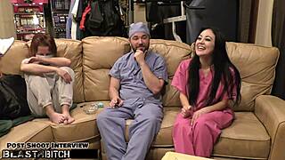 behind the scenes, brunette nurse blaise celeste gets her mouth blasted with huge cum load