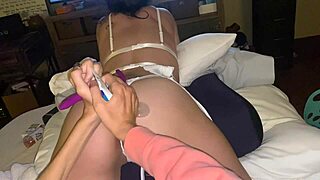 cute girl stretches all holes with toys