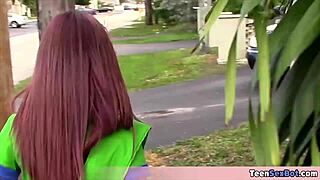 Cute petite teen in uniform selling cookies and her tight pussy – how's business today?