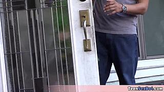 Cute petite teen in uniform selling cookies and her tight pussy – how's business today?