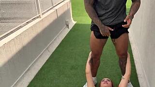 Muscular Coach Fucks His Sexy Blonde Student Outdoors in Wild Session.