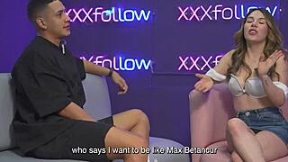 hot interview ends in wild threesome latina milf subdued by maxx betancur and mercilessly kissed by the presenter