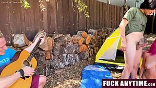 three boys freeusing the hot chick during their camping - fuckanytime