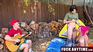 three boys freeusing the hot chick during their camping - fuckanytime