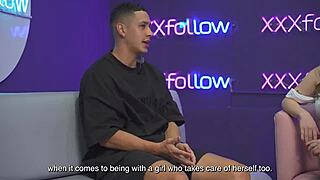 hot interview ends in wild threesome latina milf subdued by maxx betancur and mercilessly kissed by the presenter