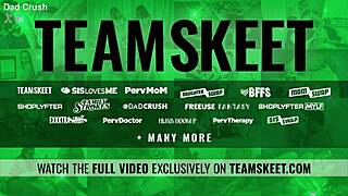 Stunning teen feels pleasure riding her stepdad on the sofa.