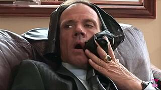 a phenomenal blonde in leather boots rides a handsome dudes big cock on the couch