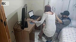 Slut without panties gets fucked by net technician in uniform.