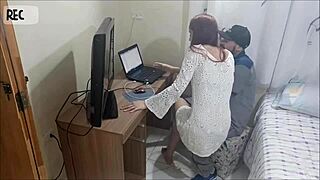 Slut without panties gets fucked by net technician in uniform.