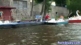 Czech eurobabe strips nude and rides waterbike in public.