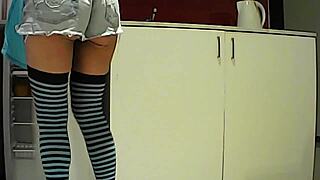 Latina brunette feels crazy eating banana in kitchen then sucks big cock