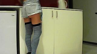 Latina brunette feels crazy eating banana in kitchen then sucks big cock