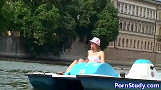 Czech eurobabe strips nude and rides waterbike in public.