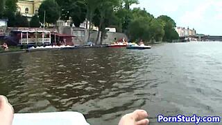 Czech eurobabe strips nude and rides waterbike in public.