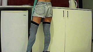 Latina brunette feels crazy eating banana in kitchen then sucks big cock