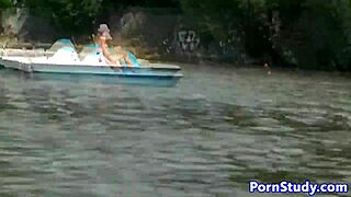 Czech eurobabe strips nude and rides waterbike in public.