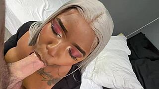 Thick Busty Ebony Milf Gags On White Boy's Cock Before Creampie