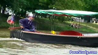 Czech eurobabe strips nude and rides waterbike in public.