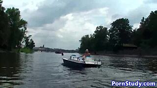 Czech eurobabe strips nude and rides waterbike in public.