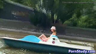 Czech eurobabe strips nude and rides waterbike in public.