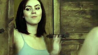 Teen babe licks milf stepmom's pussy in lesbian threesome with big tits.