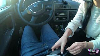 teen brunette gives huge cock blowjob in car, swallows mouthful 😋