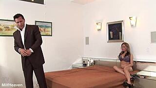 Blonde Honey Blowing Him in Stockings Heels Lingerie Doggy