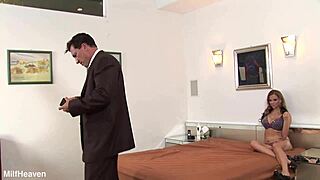 Blonde Honey Blowing Him in Stockings Heels Lingerie Doggy