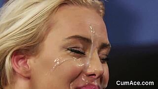 Hot looker gets cumshot on face sucking all cum