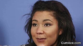 Hot looker gets cumshot on face sucking all cum