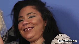 Hot looker gets cumshot on face sucking all cum