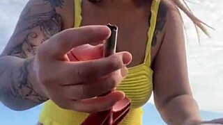 Bikini Splits Swollen Pussy on Beach